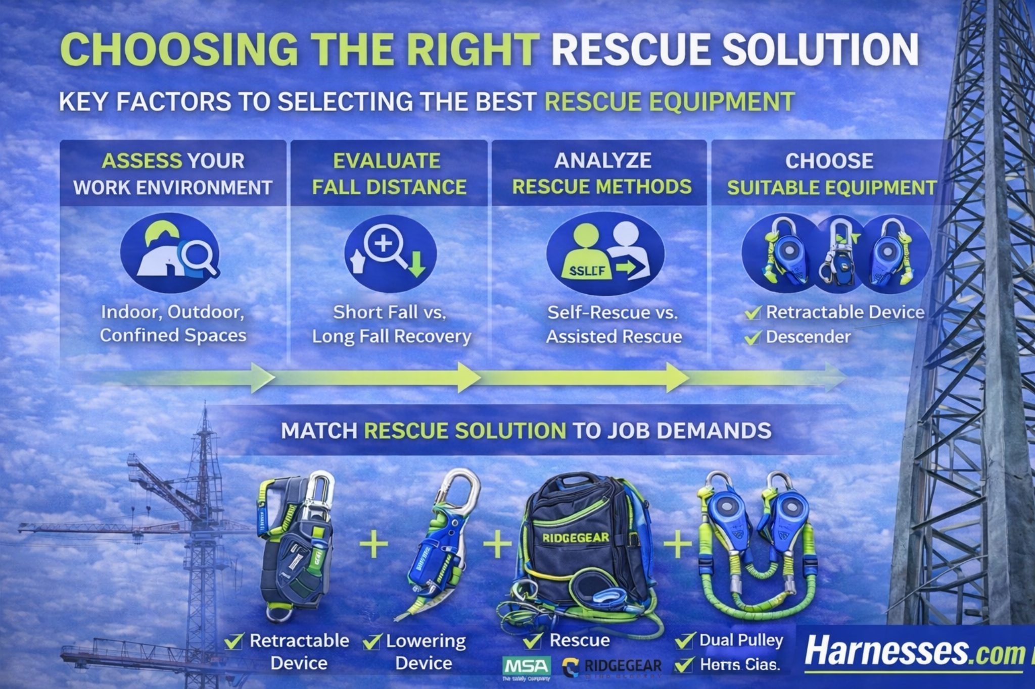 Infographic on choosing the right rescue solution and personal rescue devices for workplace fall protection.