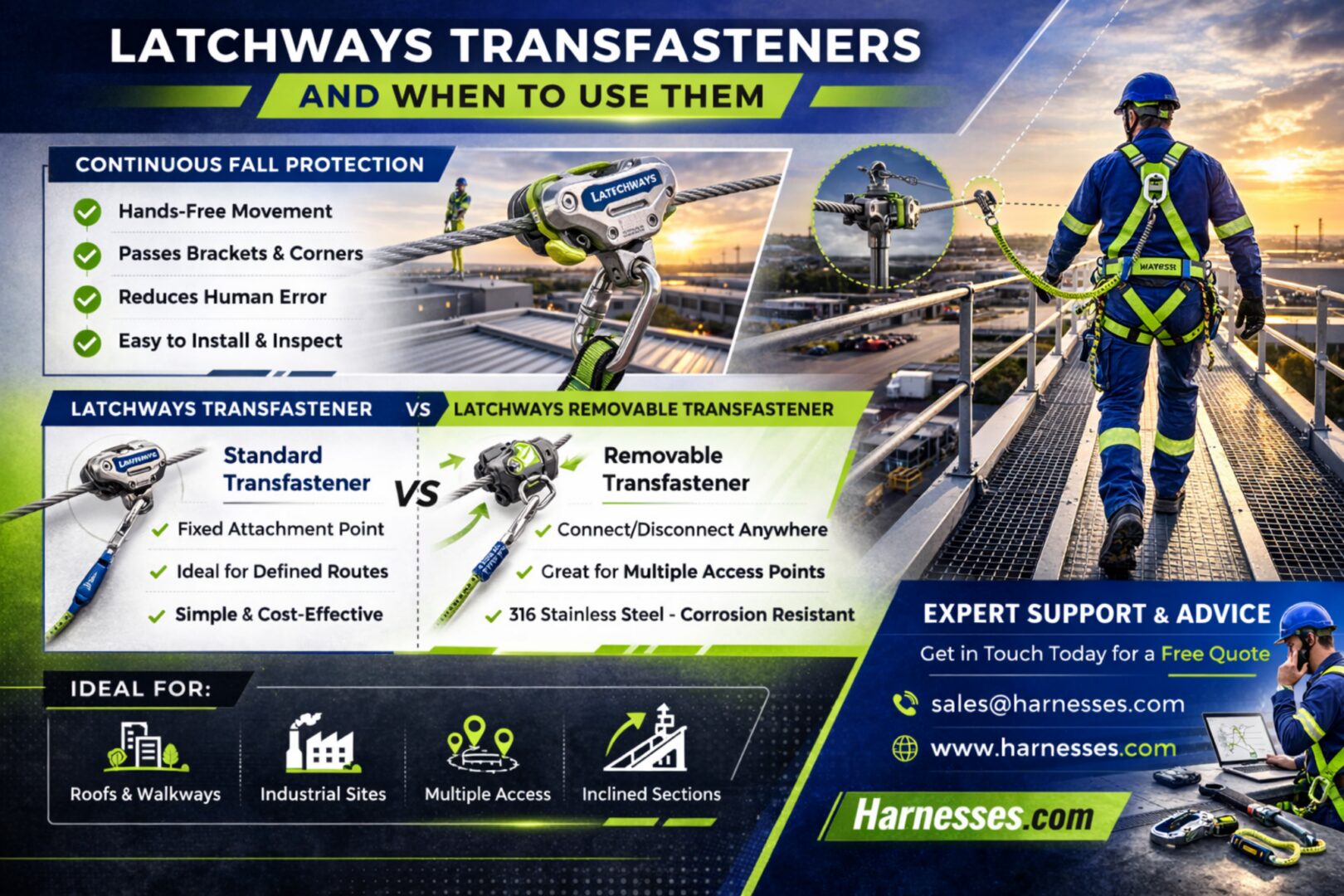 Latchways transfasteners infographic showing fall protection system and safety features